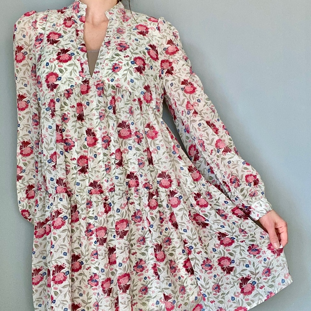 Nasty Gal Bohemian, Off-White & Pink, Long-Sleeved, Flowy, Floral, V-Neck Dress
